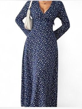 SHEIN Navy White Floral Long Sleeve Maxi Dress
